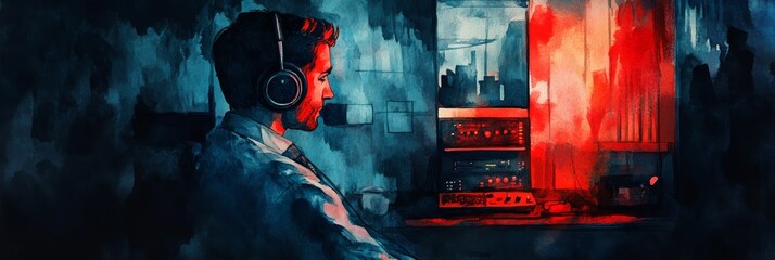 A focused detective with headphones intently listening, seeking hidden clues within audio recordings. The red lighting symbolizes danger and the mystery he's facing, while the  technology in the backg