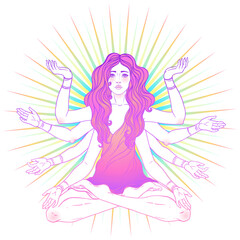 Beautiful woman with long hair and multiple hands sitting in lotus yoga position. Multi-armed goddess is Goddess Lakshmi, the Hindu goddess of wealth, fortune, and prosperity. Vector detailed isolated