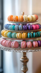 Naklejka premium A plate of colorful macarons, each arranged in a circular pattern, creating a kaleidoscope of colors and textures