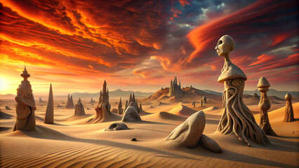 A surreal desert landscape with sand dunes, unique rock formations resembling towers and arches, and a bright sky with clouds.