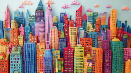 Obraz premium city-themed artwork made of crochet, depicting landscapes of city buildings, skylines, handmade crafts, detailed
