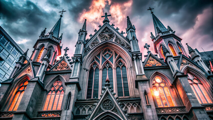 Gothic cathedral with pointed arches, stained glass windows and intricate carvings.