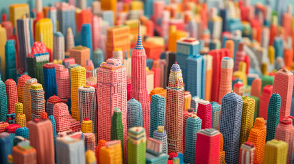 Obraz premium city-themed artwork made of crochet, depicting landscapes of city buildings, skylines, handmade crafts, detailed