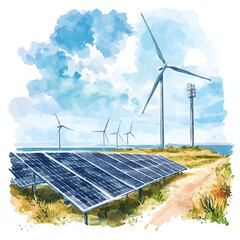 A watercolor-style illustration of solar panels and wind turbines in an open field, representing renewable energy sources harnessing wind and solar power.