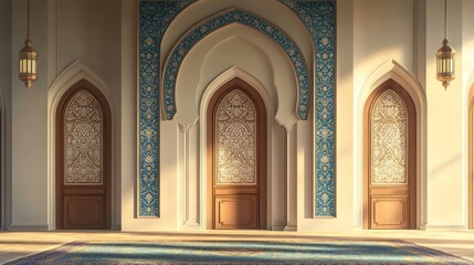 A grand mosque entrance with intricately carved wooden doors framed by arches, showcasing the beauty of Islamic architecture.  The intricate details and warm lighting create a serene and inviting atmo