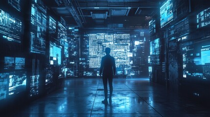Obraz premium A lone figure stands in a futuristic room, surrounded by a maze of glowing screens filled with data, representing the challenges and possibilities of the digital world.
