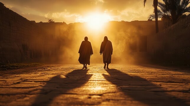 Jesus walking along the road to Emmaus with two disciples, radiant light surrounding them, symbolizing revelation