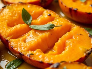 Close-up of vibrant orange mango slices garnished with green leaves, showcasing the juicy texture and lush color of the fruit, perfect for summer refreshment.