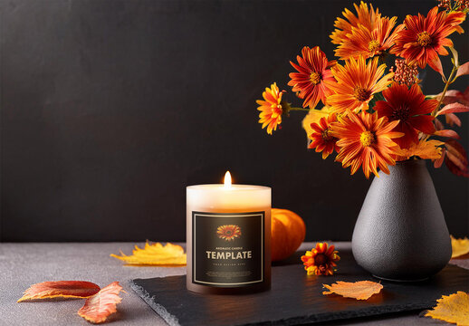 Candle Mockup on a Product Photography Style Dark Slate Desk with Leafs and Autumn Flowers with Generative AI