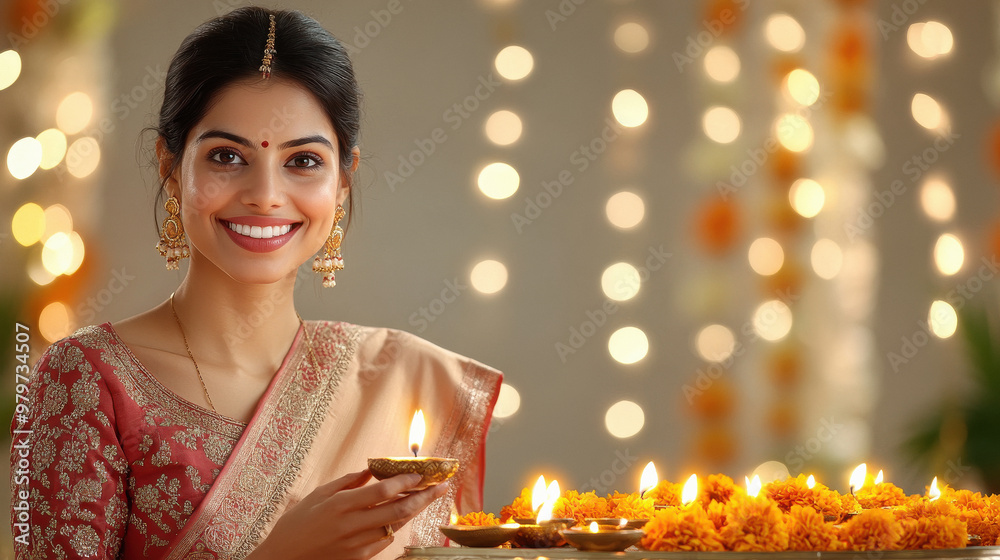 Poster young indian woman celebrating diwali festival at home