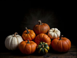A striking still life arrangement featuring various types and colors of pumpkins, prominently highlighting the rich, warm tones typical of the autumn season.