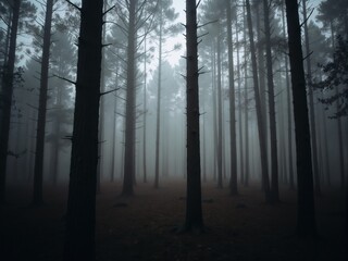 Fototapeta premium An atmospheric image of a foggy forest filled with tall, slender pine trees, creating a mysterious and serene environment that evokes a sense of solitude and reflection.