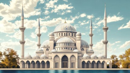 Fototapeta premium A majestic mosque with towering minarets and intricate details, set against a backdrop of a classic Middle Eastern landscape, symbolizing faith, spirituality, architecture, and cultural heritage.