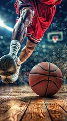 Fotobehang Basketball player dribbling on court. Close-up of ball control. Sports and basketball training concept. Design for poster, banner. © DELstudio