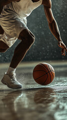 Naklejka premium Basketball player dribbling on court. Close-up of ball control. Sports and basketball training concept. Design for poster, banner.