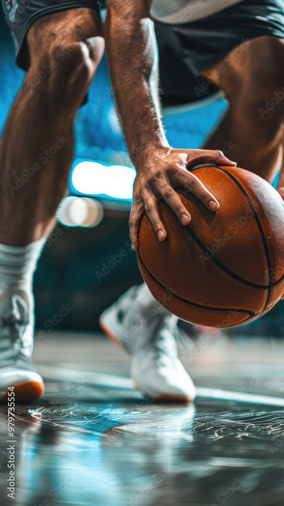 Wall mural basketball player dribbling on court. close-up of ball control. sports and basketball training conce