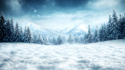 Fototapeta premium Snowy Mountain Range With Evergreen Trees Under a Blue Sky With Falling Snow