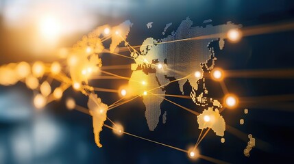A global network map illustrating connections across continents with glowing nodes and lines, symbolizing technology and communication.