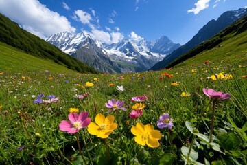 Fototapeta premium Wildflowers blooming in the Swiss Alps, with colorful blossoms growing amidst snow-capped mountains