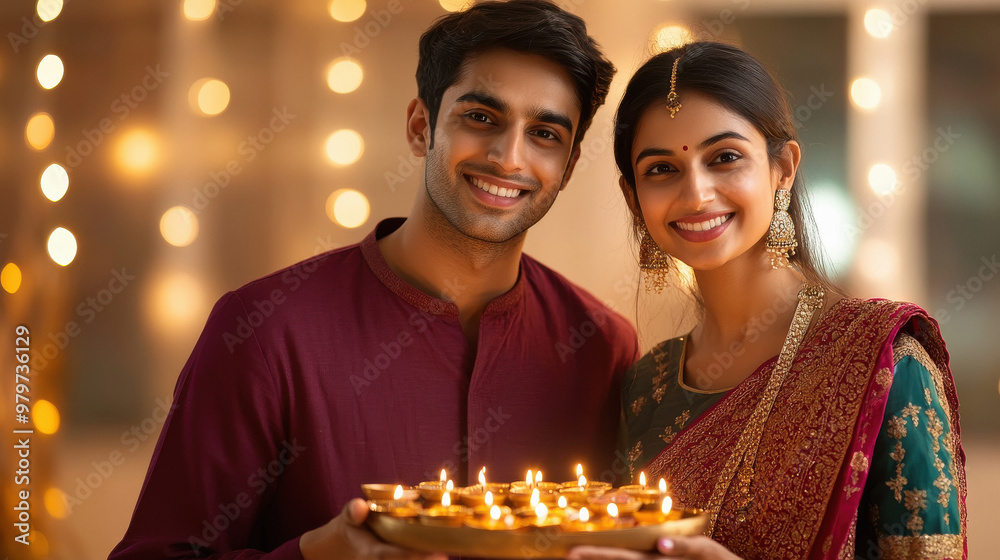 Poster young indian couple holding oil lamps plate