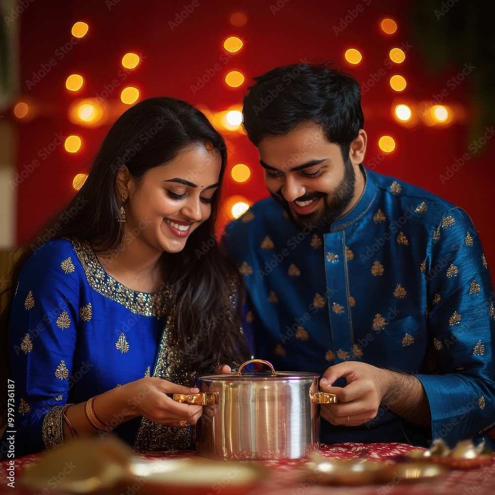 Poster young indian couple holding gift box on diwali festival