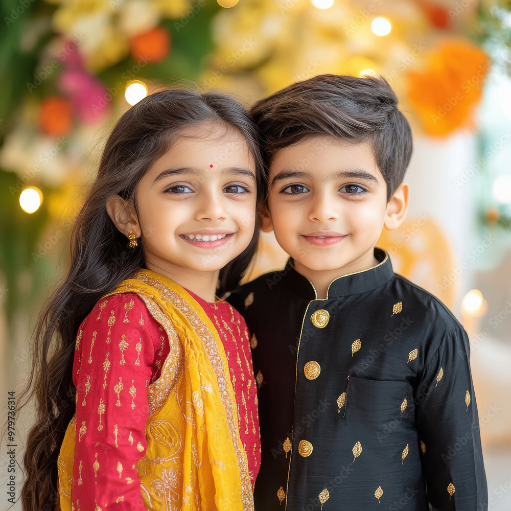 Wall mural happy Indian brother and sister wearing traditional cloths standing together