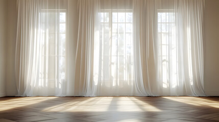 Backlit window with white curtains in empty room : Generative AI