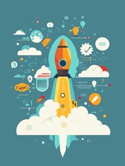 A rocket blasts off through the clouds, symbolizing the power of innovation and ideas taking flight.  The image represents concepts such as growth, progress, inspiration, achievement, and  success.