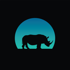 Silhouette of a rhinoceros against a striped retro sunset. Original vector illustration in vintage style isolated on light background. T-shirt design.