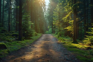 Obraz premium A forest road with trees on both sides