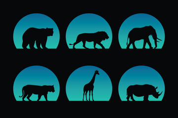 Vector set of animals on retro sunset background.