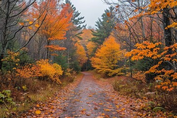 Obraz premium A road in the woods is covered in autumn leaves