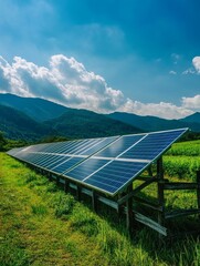A row of solar panels stands proudly in a rural setting, with mountains in the background, symbolizing the clean and sustainable energy source, environmental responsibility, rural development, renewab