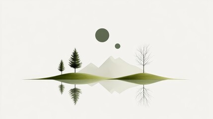 A serene minimalist landscape with a small mountain range, three trees, and two circles in the sky, all reflected in a still body of water.