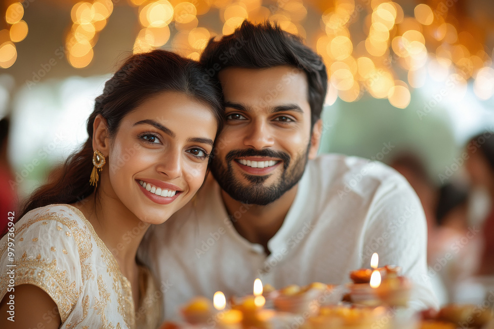 Poster young indian couple celebrating diwali festival at home