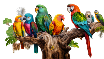  Varieties of Parrots: Lorikeets and Macaws Perched on a Tree Trunk Isolated on white background