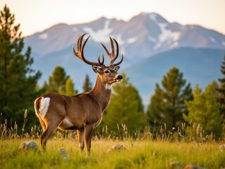 Fototapeta premium A majestic deer stands gracefully in a grassy field with towering mountains in the background, capturing the beauty and tranquility of wildlife and nature in a pristine landscape.