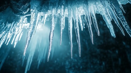 Stunning icicles hanging from the ceiling of a beautiful cave. The icicles are glistening in the soft light that filters through the cave, with intricate details visible on each one.