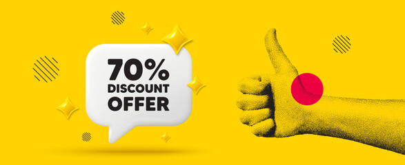 Hand showing thumb up like sign. 70 percent discount tag. Sale offer price sign. Special offer symbol. Discount chat box 3d message. Grain dots hand. Like thumb up sign. Vector