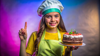 A proactive girl chef proudly holds delicious cake, showcasing her culinary skills. Her bright smile and chefs hat reflect her passion for cooking and creativity