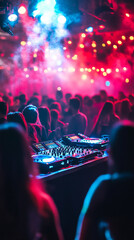 New Year's Eve dance party, colorful disco lights, DJ booth in action, energetic crowd, festive atmosphere