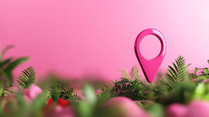 Fototapeta premium A vibrant pink location pin stands out among lush green foliage, symbolizing navigation and exploration in a colorful landscape.