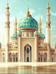 Obraz premium A stunning illustration of a grand mosque with intricate details and a serene atmosphere, showcasing the beauty of Islamic architecture. The mosque features multiple domes, minarets, and arches, refle