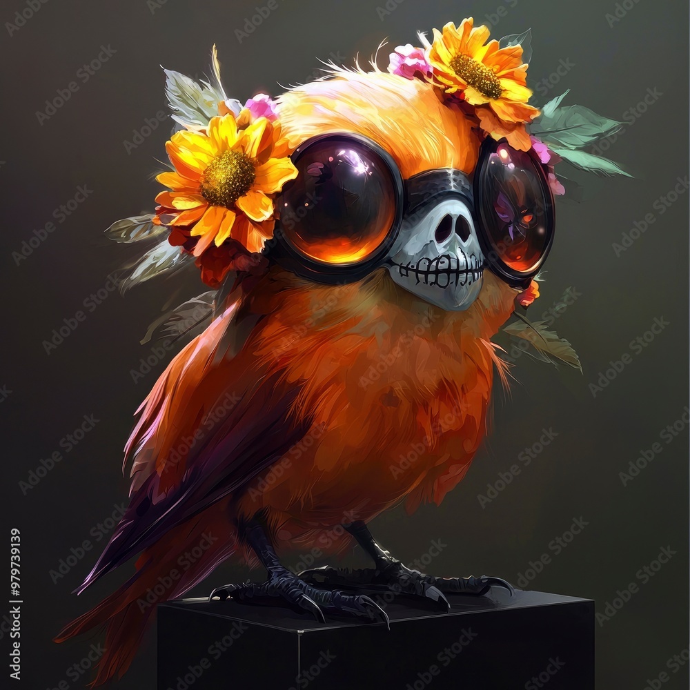 Poster Skeleton Bird with Flowers and Sunglasses