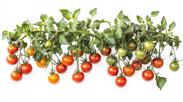 photo of a tomato bush with lots of plumpy tomatoes, isolated on a white background