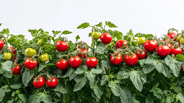 photo of a tomato bush with lots of plumpy tomatoes, isolated on a white background