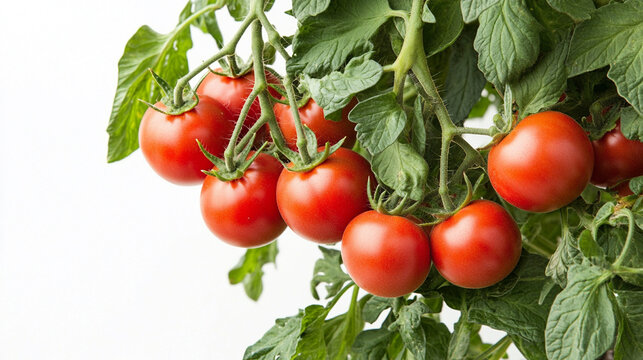 photo of a tomato bush with lots of plumpy tomatoes, isolated on a white background