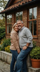 Happy middle-aged couple outside a cozy home.