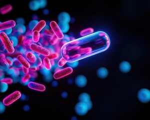Bifidobacteria under a microscope, glowing particles symbolizing health benefits of probiotics