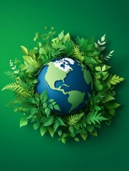 A vibrant paper cut illustration featuring a blue Earth globe surrounded by lush green foliage, symbolizing environmental protection, sustainability, nature, growth, and renewal.